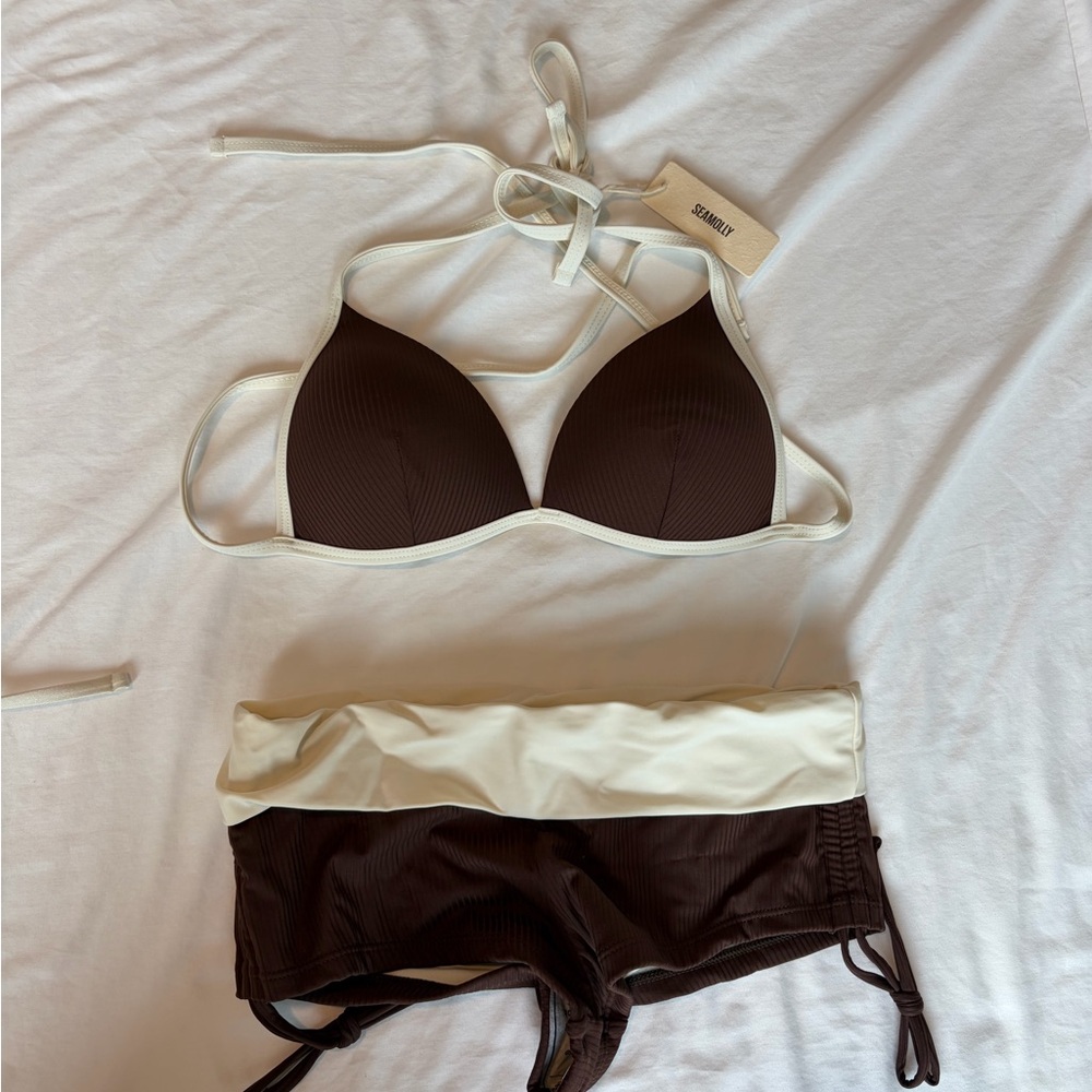 Seafolly Brown & Cream Ribbed Bikini Set